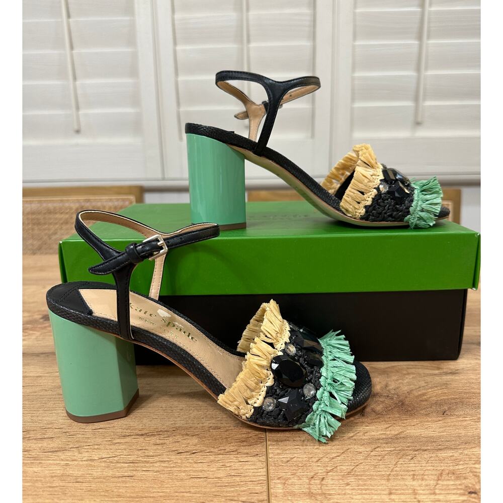 Kate Spade Bora Bora Heel Black Natural Mint Crochet Raffia Size 5 NIB Vacation - Picture 3 of 16